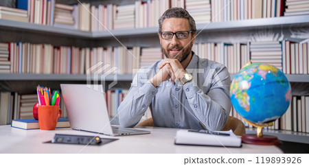 remote private teaching. knowledge and education. teacher work on laptop. Teacher do remote education with virtual classes. remote school education. teacher teaching online. Remote education 119893926