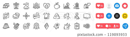Ranking star, Discounts bubble and Computer line icons pack. Social media icons. Clipboard, Reminder, Bid offer web icon. Discrimination, Lightning bolt, Food delivery pictogram. Vector 119893933