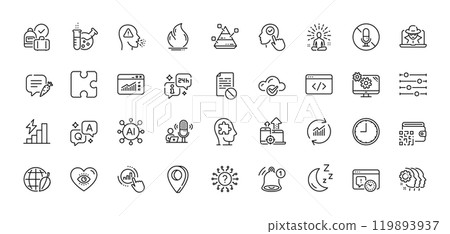 Moon, Yoga and Podcast line icons pack. AI, Question and Answer, Map pin icons. Time, Qr code, Question mark web icon. Graph chart, Cloud computing, Environment day pictogram. Vector 119893937