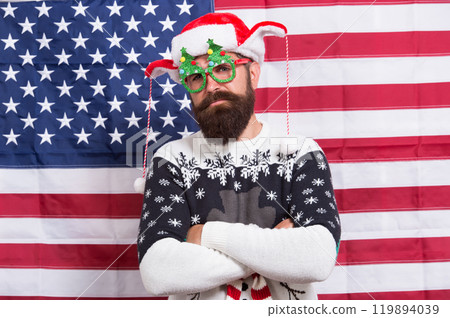 Tradition of patriotism. Christmas tradition from USA. My country and tradition. Liberty and Justice For All. American tradition. Santa Claus on american flag. Celebrate xmas and new year Tradition of patriotism. Christmas tradition from USA. My country and tradition. Liberty and Justice For All. American tradition. Santa Claus on american flag. Celebrate xmas and new year 119894039