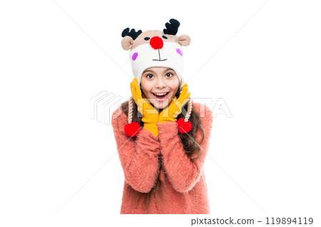 Happy childhood. Teen girl in earflap hat. Winter fashion style. Girl in knitwear. Portrait of teen child wearing warm winter clothes. Girl kid wear warm hat isolated on white. Fashionable wear Happy childhood. Teen girl in earflap hat. Winter fashion style. Girl in knitwear. Portrait of teen child wearing warm winter clothes. Girl kid wear warm hat isolated on white. Fashionable wear 119894119