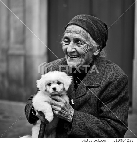 Old man and puppy: An old woman holding a dog 119894253