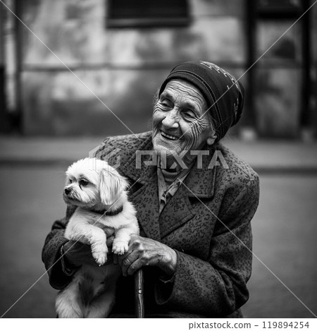 Old man and puppy: An old woman holding a dog 119894254