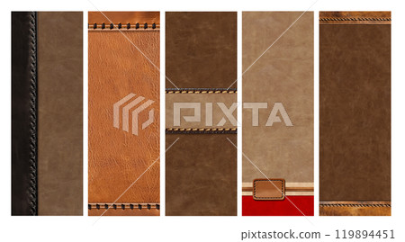 Set of horizontal or vertical leather background with decorative belt with braided edging and metal rivets. Collection of banners with leather texture and braided edge. Copy space for text Set of horizontal or vertical leather background with decorative belt with braided edging and metal rivets. Collection of banners with leather texture and braided edge. Copy space for text 119894451