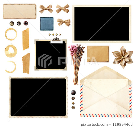 Collection of vintage elements for scrapbooking. Nostalgic set of retro photo, linen bow, dry pressed flower, buttons, postcard, envelope, paper tag. Mockup template. Isolated on white background 119894463