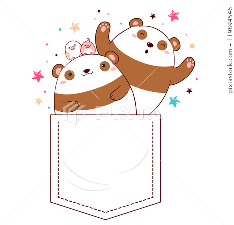 Little pandas in pocket. Baby print with cute animal in pocket. Childish print with two funny pandas friends. Can be used for t-shirt, sticker, greeting card design. Vector illustration EPS8 119894546