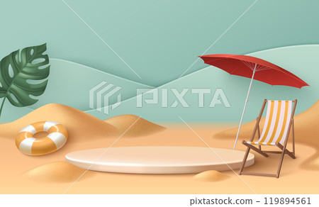 Summer beach scene with beige display platform 119894561
