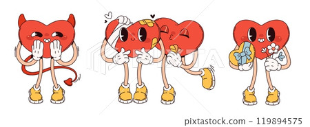 Retro groovy heart cartoon character icon set 119894575