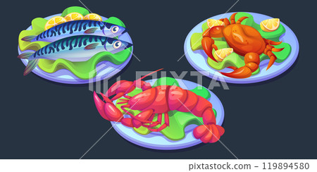 Lobster on plate. Seafood meal for dinner vector Lobster on plate. Seafood meal for dinner vector 119894580