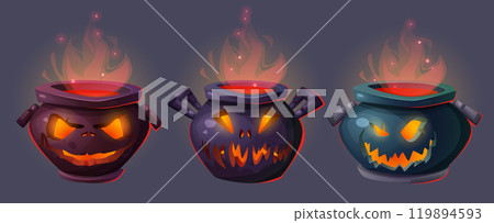 Magic witch cauldron with spooky fire face vector 119894593