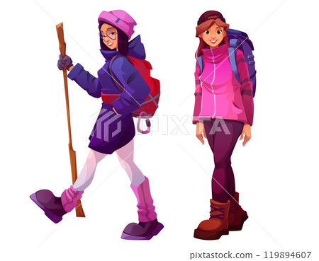 Female hikers in warm clothes and outdoor gear 119894607