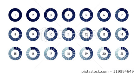 Circular diagram with segments and numbers. Wheel division into fractions, circular shape sectors. Vector infographic 119894649