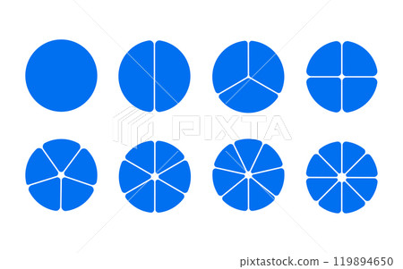 Circular diagram with blue segments. Wheel division into fractions with colorful segments, circular shape sectors. 119894650