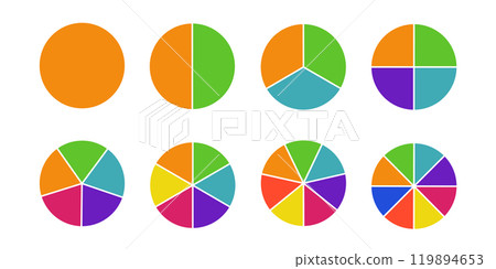 Circular chart. Wheel division into fractions with colorful segments, circular shape sectors. Vector infographic 119894653