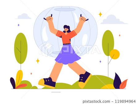 Zorbing Vector Illustration featuring People Enjoying Bubble Bump Games on a Green Field in a Fun and Playful Flat Cartoon Style background Zorbing Vector Illustration featuring People Enjoying Bubble Bump Games on a Green Field in a Fun and Playful Flat Cartoon Style background 119894964