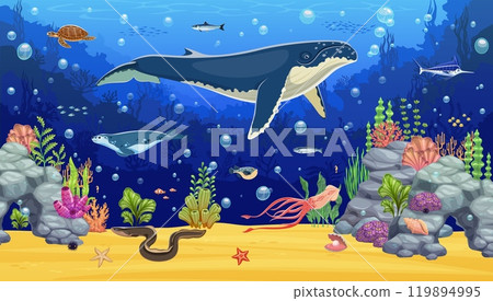 Underwater game landscape background with blue whale and sea animals. Cartoon vector undersea scene with majestic sperm whale float amidst colorful coral reefs and marine life, fish, turtle and squid 119894995