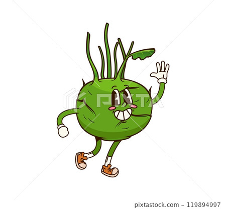 Groovy kohlrabi vegetable character with a cheerful expression and big, friendly eyes. Cartoon vector ripe cabbage veggie with green leafy tops. Fun and quirky healthy vitamin food retro personage Groovy kohlrabi vegetable character with a cheerful expression and big, friendly eyes. Cartoon vector ripe cabbage veggie with green leafy tops. Fun and quirky healthy vitamin food retro personage 119894997