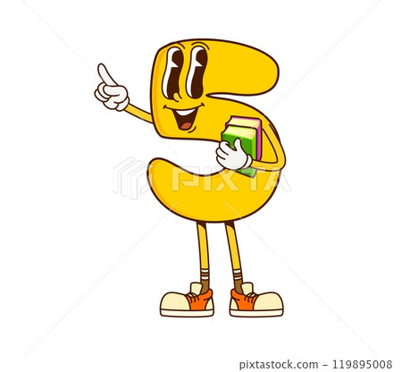 Cartoon math number five groovy character with textbooks. Isolated vector playful 5 digit personage with pointing finger, cheerful smile and yellow five-shaped body, ready for mathematics classes 119895008