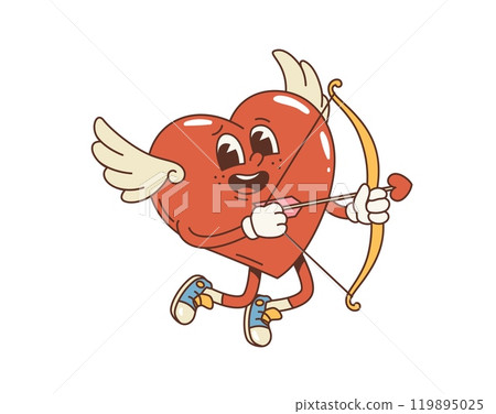 Cartoon retro groovy Valentine cherub angel heart character with love bow and arrow, vector comic personage. Groovy heart character in hippie art or 60s and 70s funky groovie style as Valentine angel 119895025