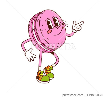 Groovy macaroon funny hippie dessert, sweets and candy character. Cartoon vector pink macaron retro personage. Cheerful confectionery for kids cafe menu. Cute funky french pastry bakery or patisserie 119895030