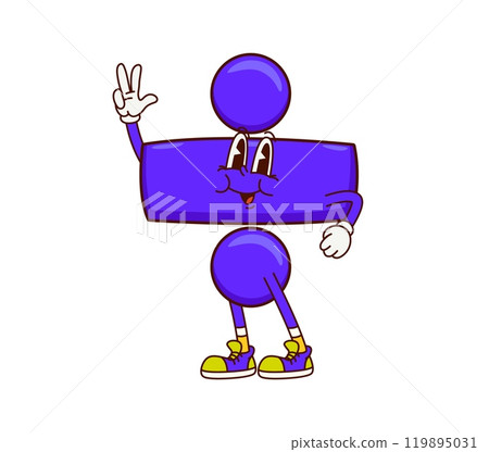 Cartoon division math sign groovy character. Isolated cute and funny vector mathematics symbol retro personage showing peace gesture with happy smile, ready for mathematical actions and kids learning 119895031