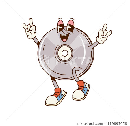 Groovy computer CD rom or compact disk character from retro PC, vector cartoon comic. Groovy funky CD from PC ROM or computer compact disc with happy smile and silly laughing for cartoon character Groovy computer CD rom or compact disk character from retro PC, vector cartoon comic. Groovy funky CD from PC ROM or computer compact disc with happy smile and silly laughing for cartoon character 119895058