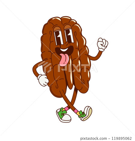 Groovy pecan nut character in retro cartoon with funky happy smile, vector comic emoji. Groovy quirky pecan nut in good vibes with silly face and tongue out for psychedelic retro cartoon character 119895062