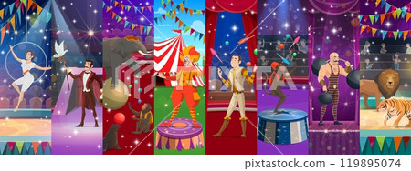 Cartoon circus performer characters collage with a clown, strongman, juggler and animals, capture the excitement and magic of a circus big top tent show, filled with colorful costumes and entertaining 119895074