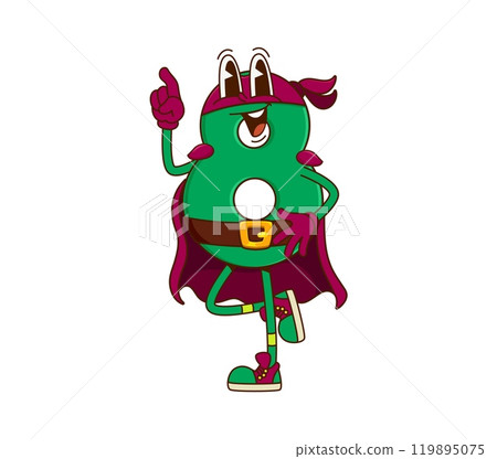 Cartoon groovy math number eight superhero character with expressive funky smile. Isolated vector digit 8 super hero educational retro comic book personage for children books and mathematics classes 119895075