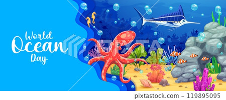 Underwater landscape paper cut banner with octopus and swordfish among coral reefs. Vector 3d scene embodies the beauty of marine life and celebrates World Ocean Day, promoting ocean conservation 119895095