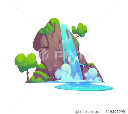 Cartoon waterfall water cascade. Isolated vector natural environment or park location. Splashing aqua stream or jet falling down the rock or cliff with green trees and vegetation. Hill with waterfall 119895099