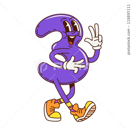 Groovy math number three character with funny face in retro cartoon, vector mathematics emoji. Groovy number 3 comic funky numeral with hippie V sign gesture walking in hipster shoes with happy smile Groovy math number three character with funny face in retro cartoon, vector mathematics emoji. Groovy number 3 comic funky numeral with hippie V sign gesture walking in hipster shoes with happy smile 119895111