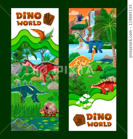 Paper cut dino world banners with prehistoric dinosaur characters at tropical landscape with lush greenery, rocky terrain and waterfalls. Vector vertical cards showcasing a lively prehistoric world 119895135