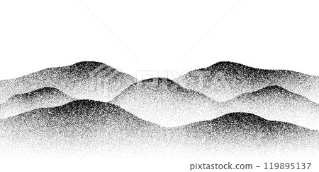 Noise grain halftone mountains and hills. Vector black and white noisy texture, gradually transitioning in density to form the shape of rolling hills and peaks. Modern, abstract pointillism effect 119895137