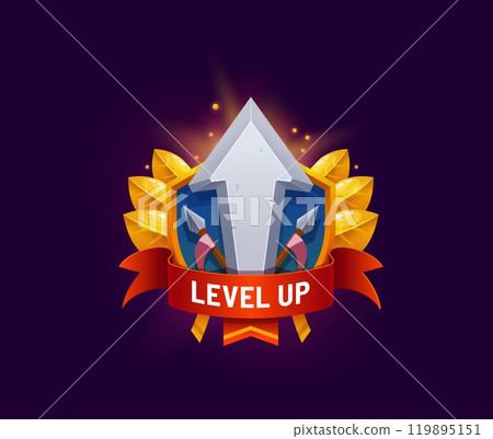 Game app level up award badge or icon asset. Game win rank icon vector asset, casino or videogame level up award GUI symbol. Arcade task complete badge with stone arrow, red ribbon and golden leaves Game app level up award badge or icon asset. Game win rank icon vector asset, casino or videogame level up award GUI symbol. Arcade task complete badge with stone arrow, red ribbon and golden leaves 119895151