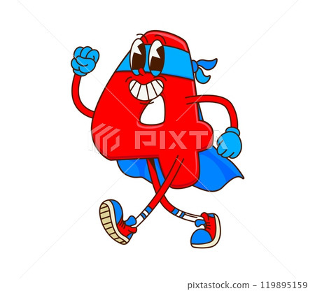Cartoon groovy math number four superhero character. Isolated vector playful and charming 4 figure in cape. Numeric super hero retro comic book personage cheerfully hurrying for Mathematics adventure 119895159