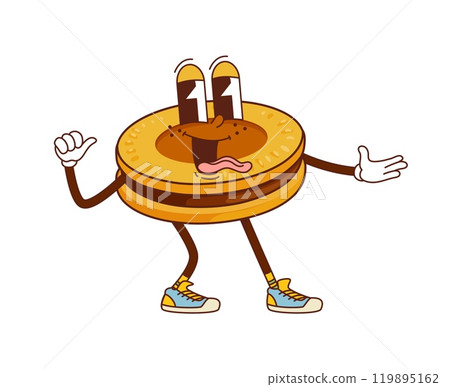 Bakery cookie dessert groovy character displaying a funny gestures with cheerful and happy expression, exuding fun, joy, happiness and positivity. Cartoon sweet pastry conveying playful retro vibes 119895162