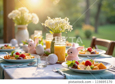 A delightful Easter breakfast gathering in a sunlit garden with vibrant decorations and fresh treats 119895170