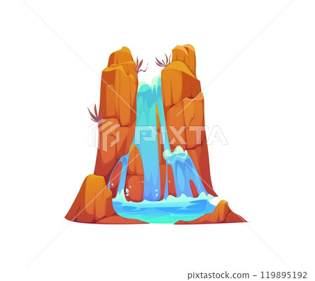 Cartoon waterfall water cascade. Vector natural splashing streams and jets falling down from the wild west canyon rock with sparse vegetation. Isolated multiple flows cascading down the western rock Cartoon waterfall water cascade. Vector natural splashing streams and jets falling down from the wild west canyon rock with sparse vegetation. Isolated multiple flows cascading down the western rock 119895192