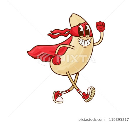 Groovy superhero cashew nut cute character. Nut hero cheerful comic vector character, superhero cashew isolated happy mascot or healthy food snack groovy cute personage wearing red mask and cape Groovy superhero cashew nut cute character. Nut hero cheerful comic vector character, superhero cashew isolated happy mascot or healthy food snack groovy cute personage wearing red mask and cape 119895217