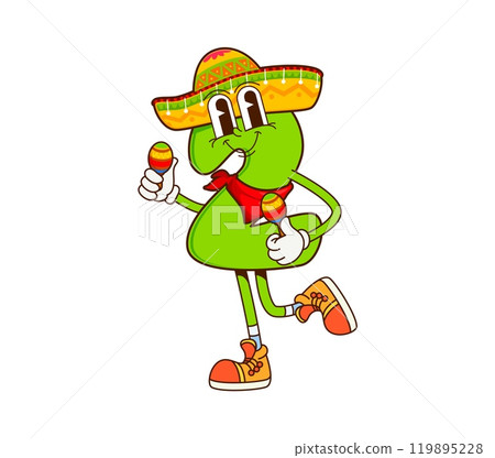 Cartoon math number two groovy mariachi musician character in sombrero playing and dancing with maracas. Isolated vector funny educational 2 digit personage for kids education, game or fun learning 119895228