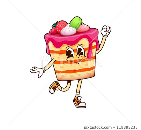 Groovy cake character with smiling expression, topped with strawberries, macarons and meringue evokes joy and celebration for children party. Cartoon vector dessert personage with cheerful retro vibe Groovy cake character with smiling expression, topped with strawberries, macarons and meringue evokes joy and celebration for children party. Cartoon vector dessert personage with cheerful retro vibe 119895235