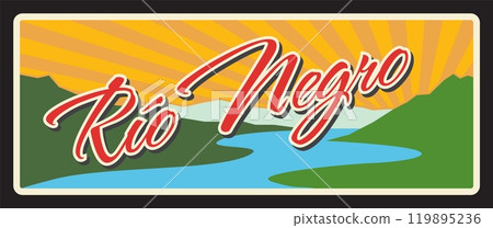 Rio Negro Argentine province vintage travel plate. Vector argentinian region metal plaque, Nahuel Huapi lake nature landscape touristic destination sign, retro sticker design with scenery landscape Rio Negro Argentine province vintage travel plate. Vector argentinian region metal plaque, Nahuel Huapi lake nature landscape touristic destination sign, retro sticker design with scenery landscape 119895236