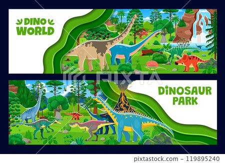 Prehistoric dinosaurs park on paper cut banners with funny dino lizards, vector background. Kids dino park or paleontology museum of Jurassic era on paper cut banners with giant dinosaurs and reptiles 119895240