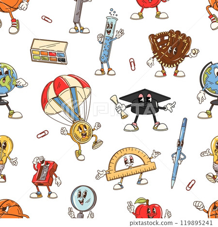 Cartoon school stationery groovy characters seamless pattern. Vector playful kids tile background with educational supplies. Pen, ruler, and globe, color palette, test tube, graduation cap or diploma 119895241