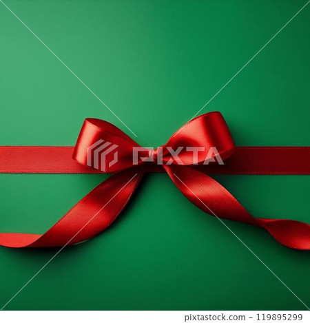 綠色背景上的紅色絲帶。聖誕禮物的圖片。 綠色背景上的紅色絲帶。聖誕禮物的圖片。 119895299
