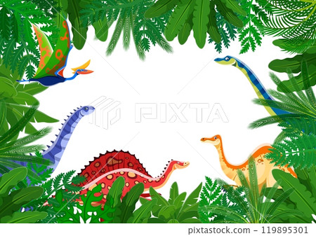 Jungle forest frame with prehistoric dinosaurs and dino lizards, vector cartoon background. Jurassic park forest palm leaves frame with funny dinosaurs, giant reptiles and pterodactyls for kids Jungle forest frame with prehistoric dinosaurs and dino lizards, vector cartoon background. Jurassic park forest palm leaves frame with funny dinosaurs, giant reptiles and pterodactyls for kids 119895301