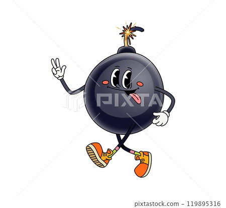 Bomb with burning wick groovy foolish character. Grenade, bomb or dynamite comical vector mascot. Explosion with flaming wick childish cartoon groovy character or cheerful isolated personage 119895316