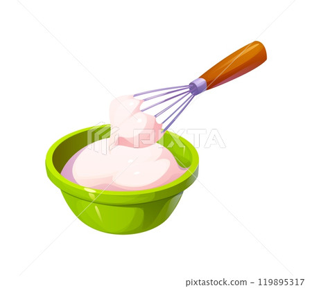 Cream whipping with whisk for food cooking process and preparation, vector icon. Manual whisking cream with whisk in bowl, bakery kitchenware or patisserie utensil appliance for pastry preparation 119895317