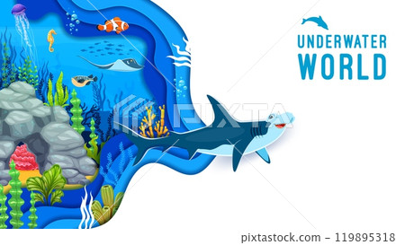 Cartoon paper cut underwater landscape with hammerhead shark, sea animals and ocean waves. Vector 3d papercut environmental awareness with marine predator, hippocampus, stingray, fish and jellyfish Cartoon paper cut underwater landscape with hammerhead shark, sea animals and ocean waves. Vector 3d papercut environmental awareness with marine predator, hippocampus, stingray, fish and jellyfish 119895318
